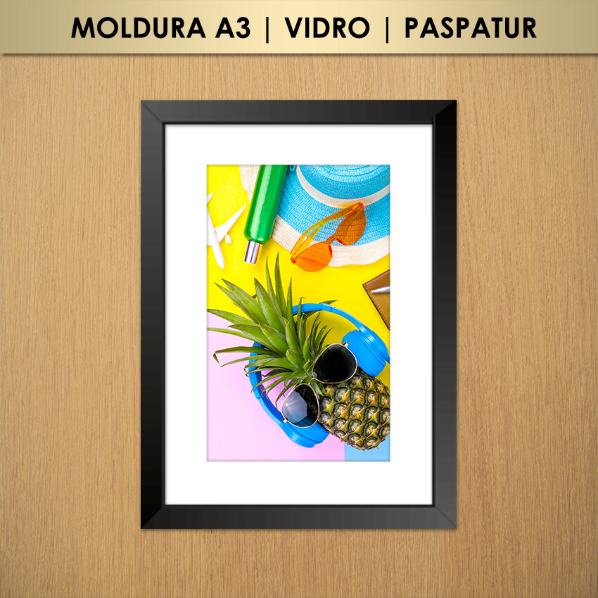 Quadro Abacaxi de Óculos de Sol e Fone de Ouvido na Praia (Moldu