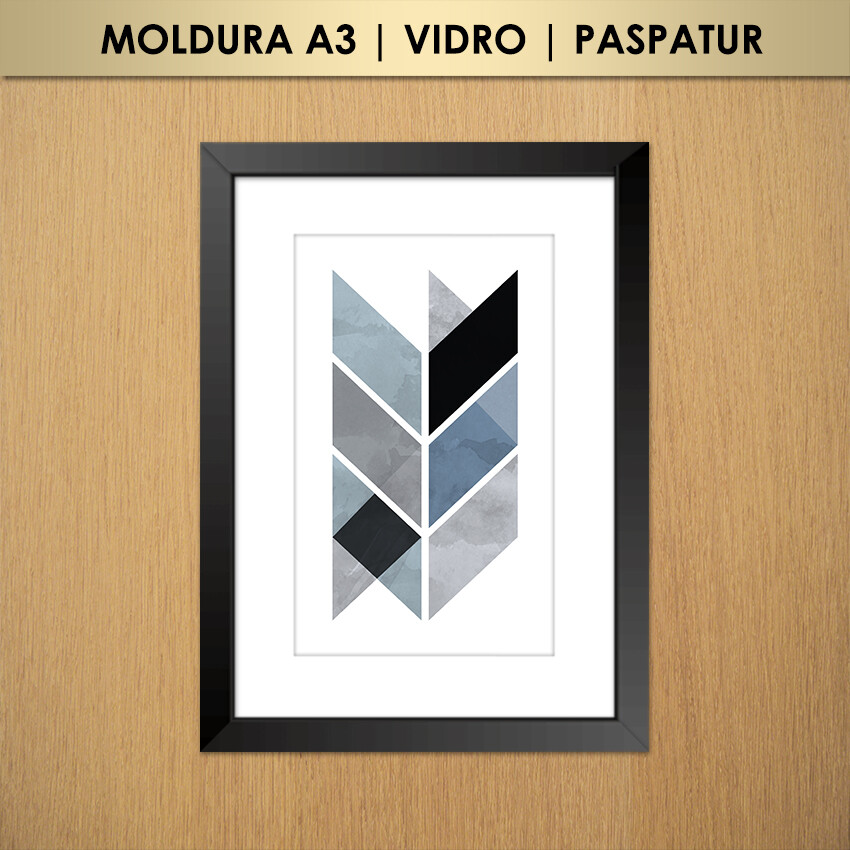 Quadro Abstrato Geométrico Cinza, Azul e Preto (Moldura A3 com V