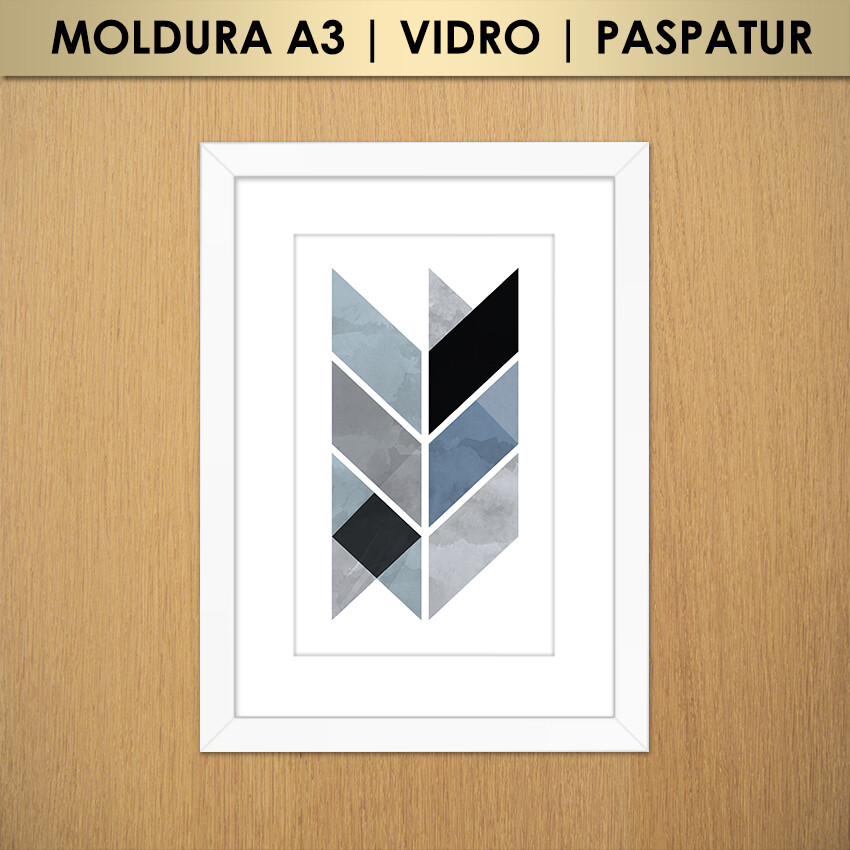Quadro Abstrato Geométrico Cinza, Azul e Preto (Moldura A3 com V
