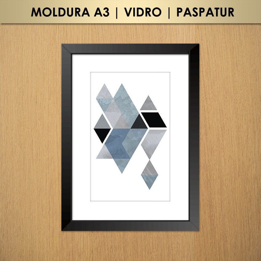 Quadro Abstrato Geométrico Triângulos e Losangos Cinza, Azul e 