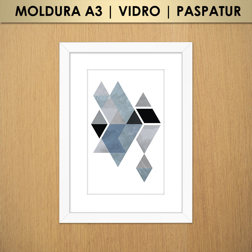Quadro Abstrato Geométrico Triângulos e Losangos Cinza, Azul e 