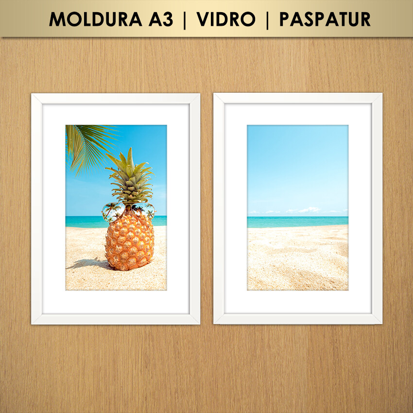 Kit 2 Quadros Abacaxi na Praia de Férias (Moldura A3 com Vidro e