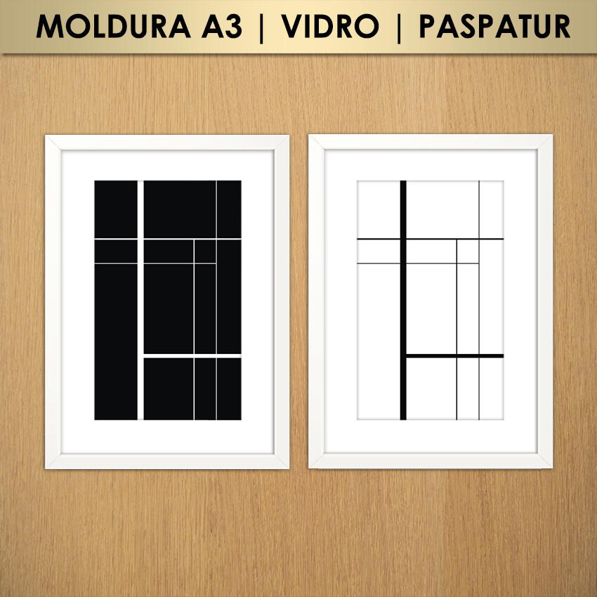 Kit 2 Quadros Abstrato Geométrico Linhas Preto e Branco (Moldura