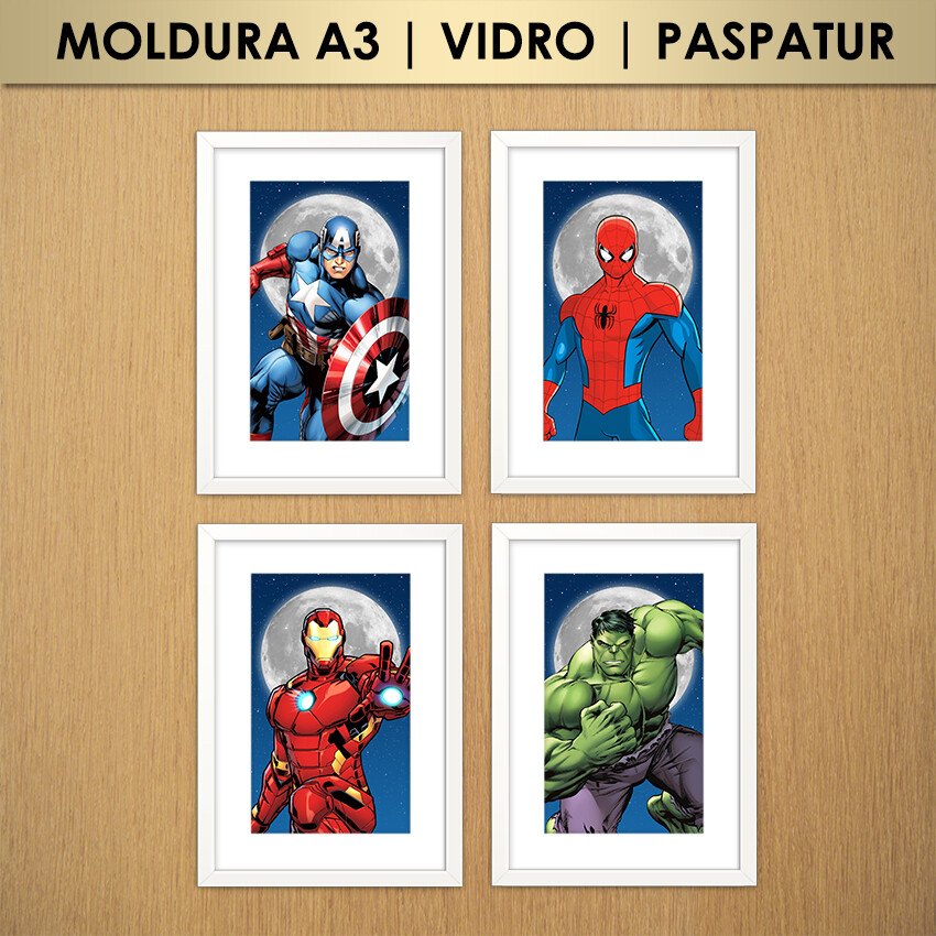 Kit 4 Quadros Vingadores Lua à Noite (Moldura A3 com Vidro e Pas