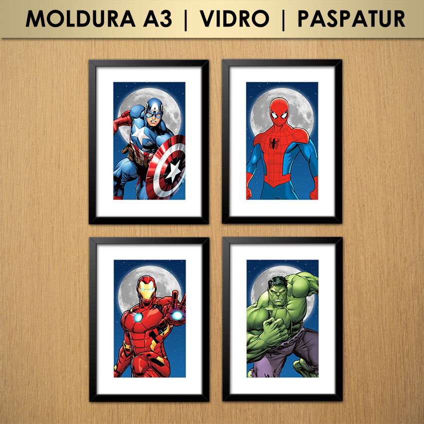 Kit 4 Quadros Vingadores Lua à Noite (Moldura A3 com Vidro e Pas