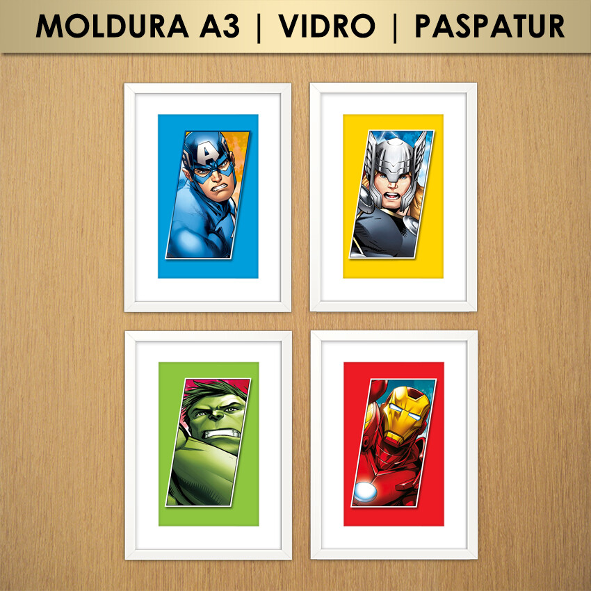 Kit 4 Quadros Vingadores | Capitão América, Thor, Hulk e Homem