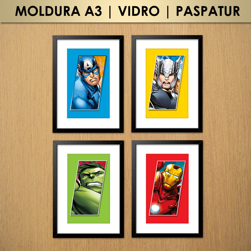 Kit 4 Quadros Vingadores | Capitão América, Thor, Hulk e Homem