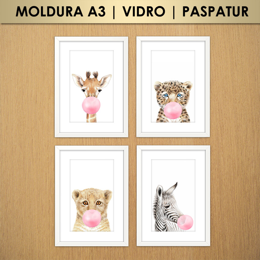 Kit 4 Quadros Animais Safari no Estilo Aquarela (Moldura A3 com V
