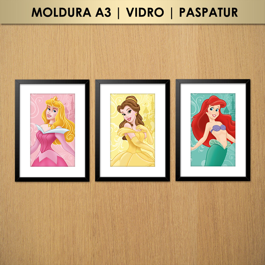 Kit 3 Quadros Princesas Disney | Aurora, Bela e Ariel (Moldura A3