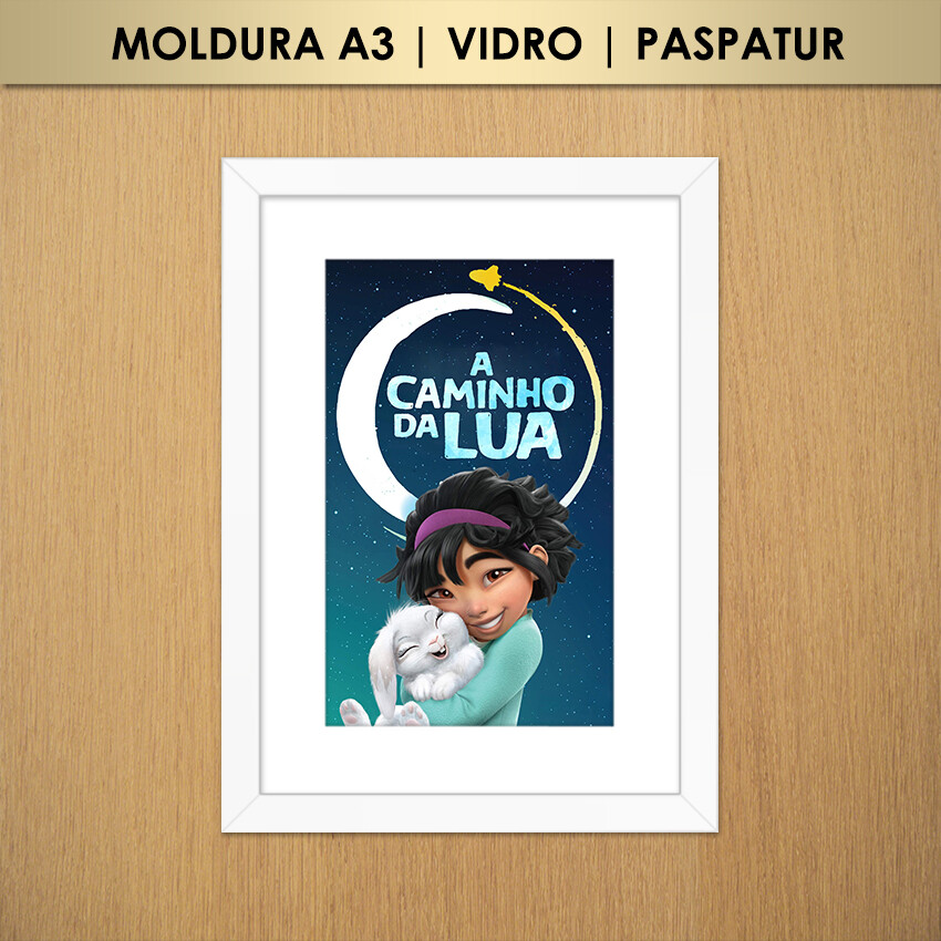 Quadro A Caminho da Lua Fei-Fei e Pulinho (Moldura A3 com Vidro e