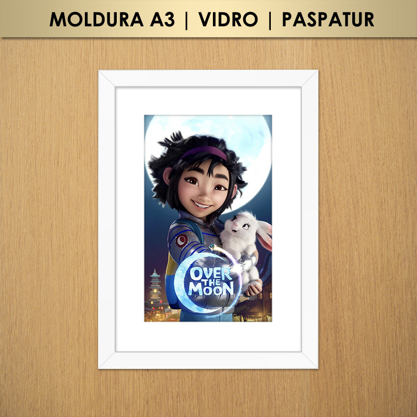 Quadro A Caminho da Lua Fei-Fei e Coelho Pulinho (Moldura A3 com 