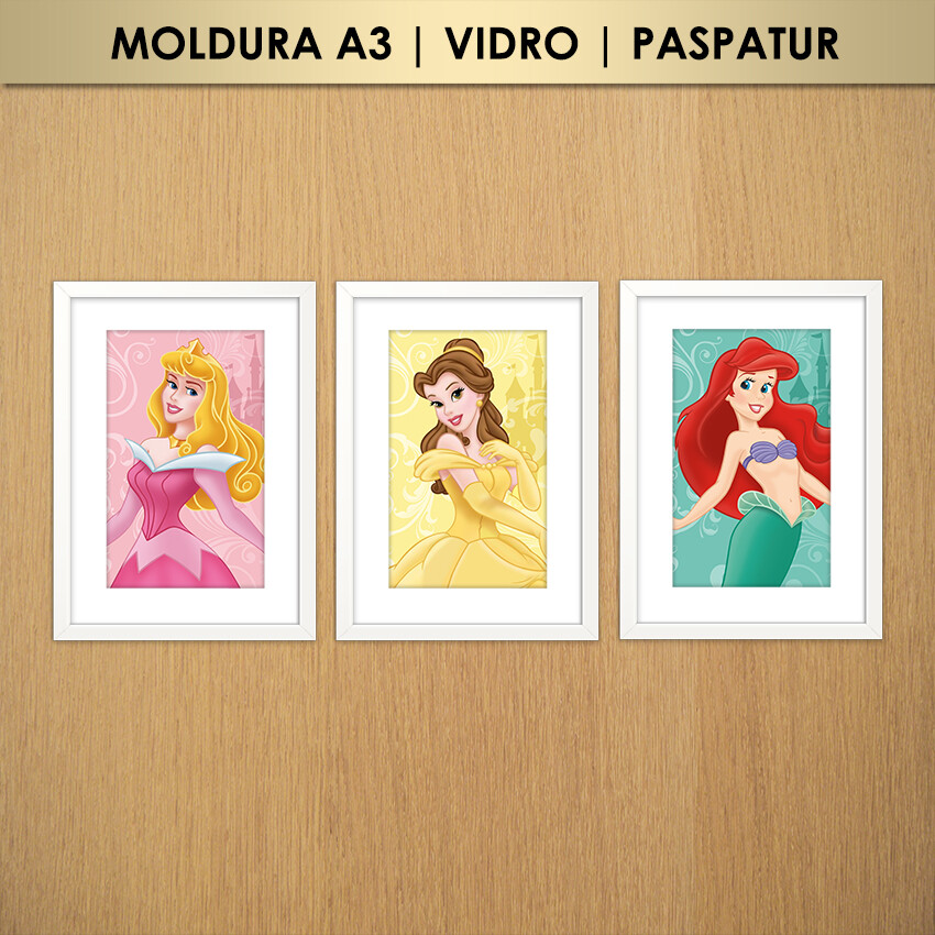 Kit 3 Quadros Princesas (Moldura A3 com Vidro e Paspatur)