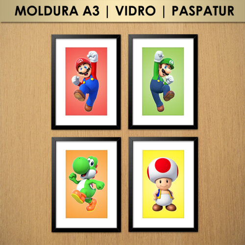 Kit 4 Quadros Super Mario, Luigi e Amigos (Moldura A3 com Vidro e Paspatur)