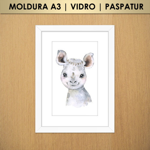 Quadro Rinoceronte Efeito Aquarela | Animais Safari | Infantil |