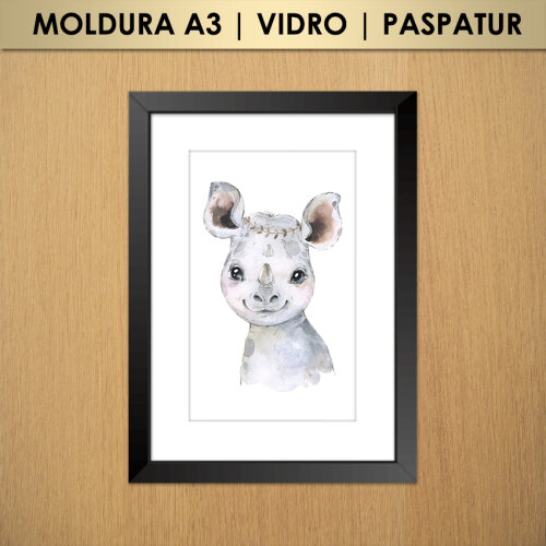 Quadro Rinoceronte Efeito Aquarela | Animais Safari | Infantil | Maternidade (Moldura A3 com Vidro e Paspatur)