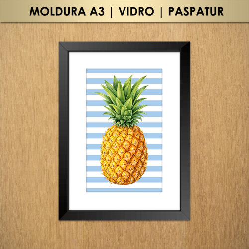 Quadro Abacaxi Listras (Moldura A3 com Vidro e Paspatur)