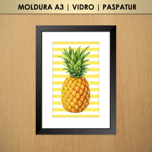 Quadro Abacaxi Listras (Moldura A3 com Vidro e Paspatur)