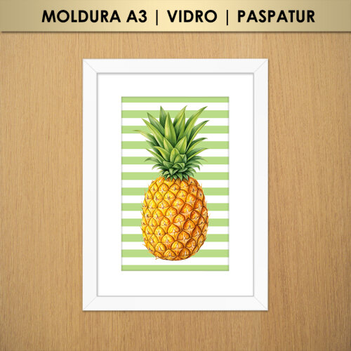 Quadro Abacaxi Listras (Moldura A3 com Vidro e Paspatur)