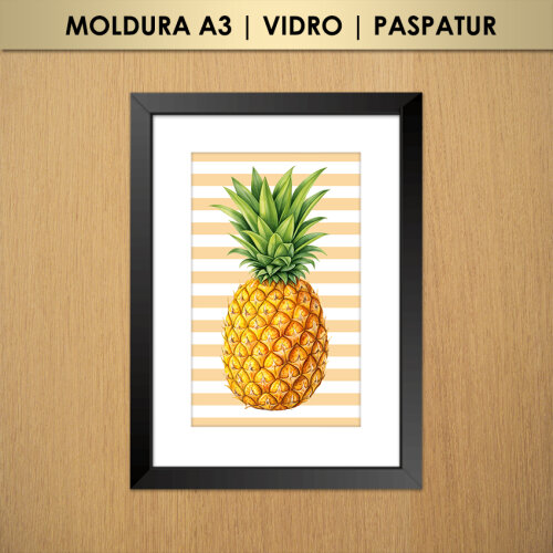 Quadro Abacaxi Listras (Moldura A3 com Vidro e Paspatur)