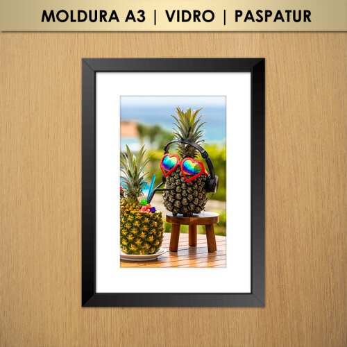 Quadro Abacaxi de Óculos de Sol e Fone de Ouvido na Praia de Férias (Moldura A3 com Vidro e Paspatur)