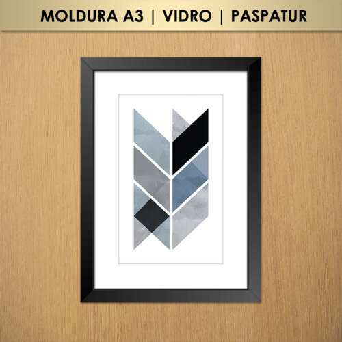 Quadro Abstrato Geométrico Cinza, Azul e Preto (Moldura A3 com Vidro e Paspatur)