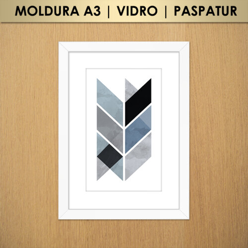 Quadro Abstrato Geométrico Cinza, Azul e Preto (Moldura A3 com V