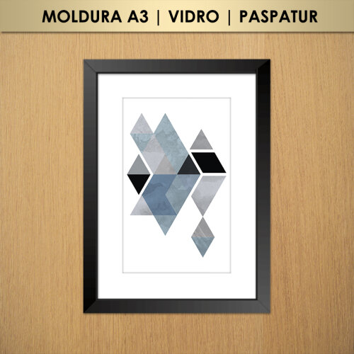 Quadro Abstrato Geométrico Triângulos e Losangos Cinza, Azul e Preto (Moldura A3 com Vidro e Paspatur)