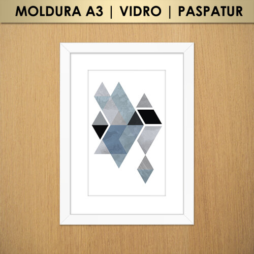 Quadro Abstrato Geométrico Triângulos e Losangos Cinza, Azul e 