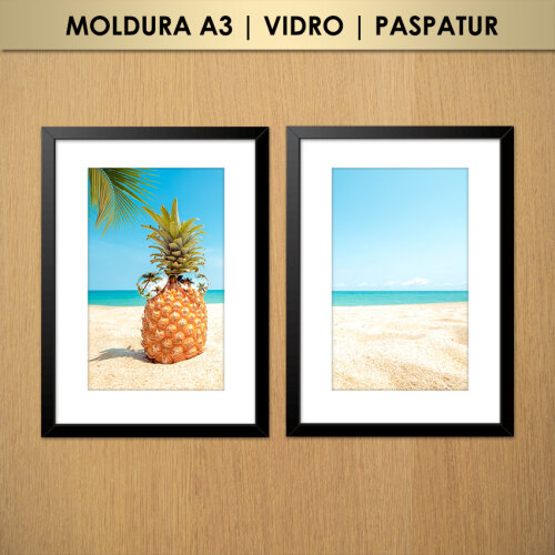 Kit 2 Quadros Abacaxi na Praia de Férias (Moldura A3 com Vidro e Paspatur)