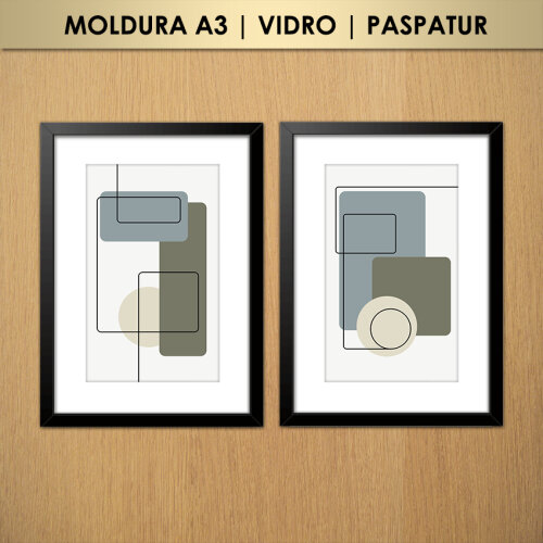Kit 2 Quadros Abstrato Geométrico Cores Frias (Moldura A3 com Vidro e Paspatur)