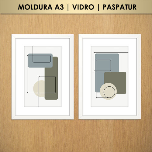 Kit 2 Quadros Abstrato Geométrico Cores Frias (Moldura A3 com Vi