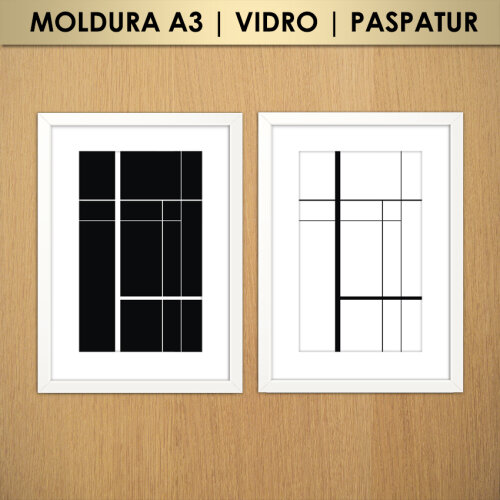 Kit 2 Quadros Abstrato Geométrico Linhas Preto e Branco (Moldura