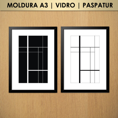 Kit 2 Quadros Abstrato Geométrico Linhas Preto e Branco (Moldura A3 com Vidro e Paspatur)