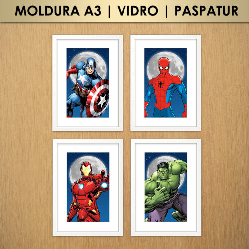 Kit 4 Quadros Vingadores Lua à Noite (Moldura A3 com Vidro e Pas