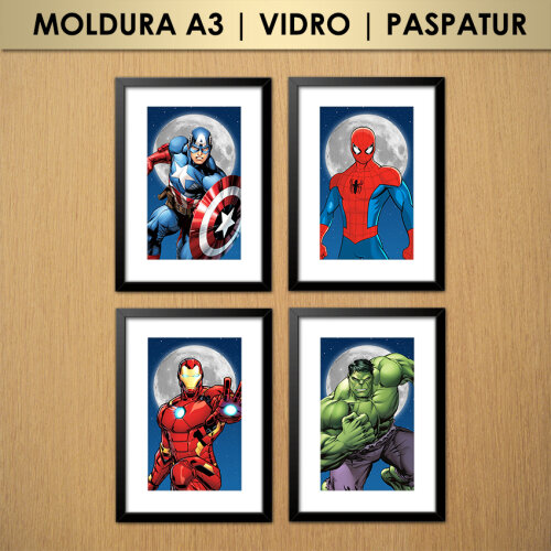 Kit 4 Quadros Vingadores Lua à Noite (Moldura A3 com Vidro e Paspatur)