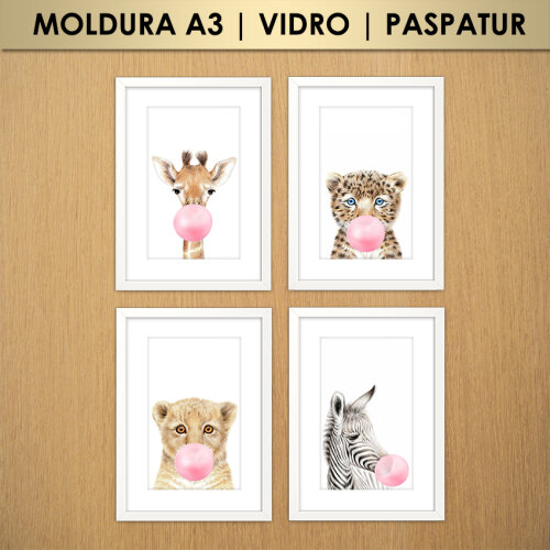 Kit 4 Quadros Animais Safari no Estilo Aquarela (Moldura A3 com V