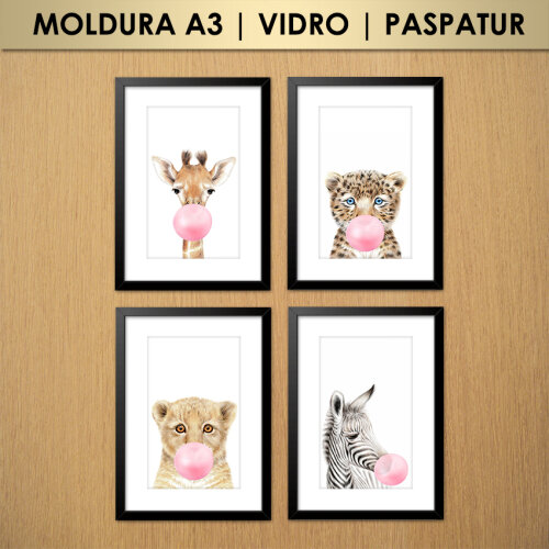 Kit 4 Quadros Animais Safari no Estilo Aquarela (Moldura A3 com Vidro e Paspatur)