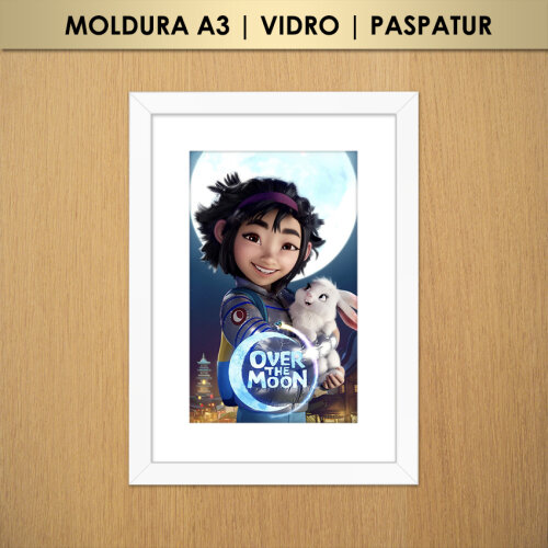 Quadro A Caminho da Lua Fei-Fei e Coelho Pulinho (Moldura A3 com 