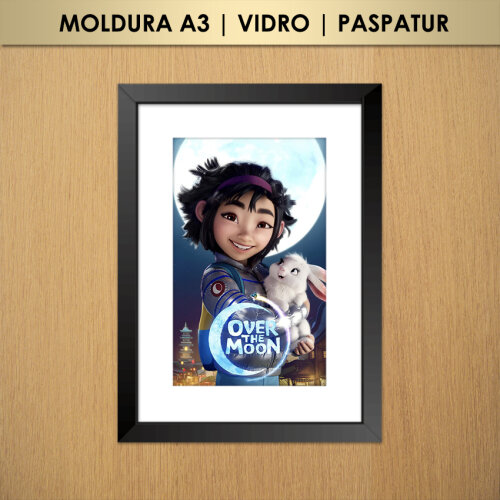 Quadro A Caminho da Lua Fei-Fei e Coelho Pulinho (Moldura A3 com Vidro e Paspatur)