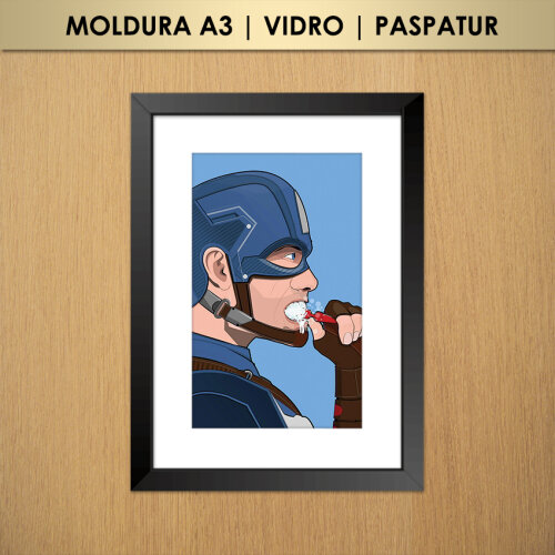 Quadro Capitão América Escovando Os Dentes (Moldura A3 com Vidro e Paspatur)