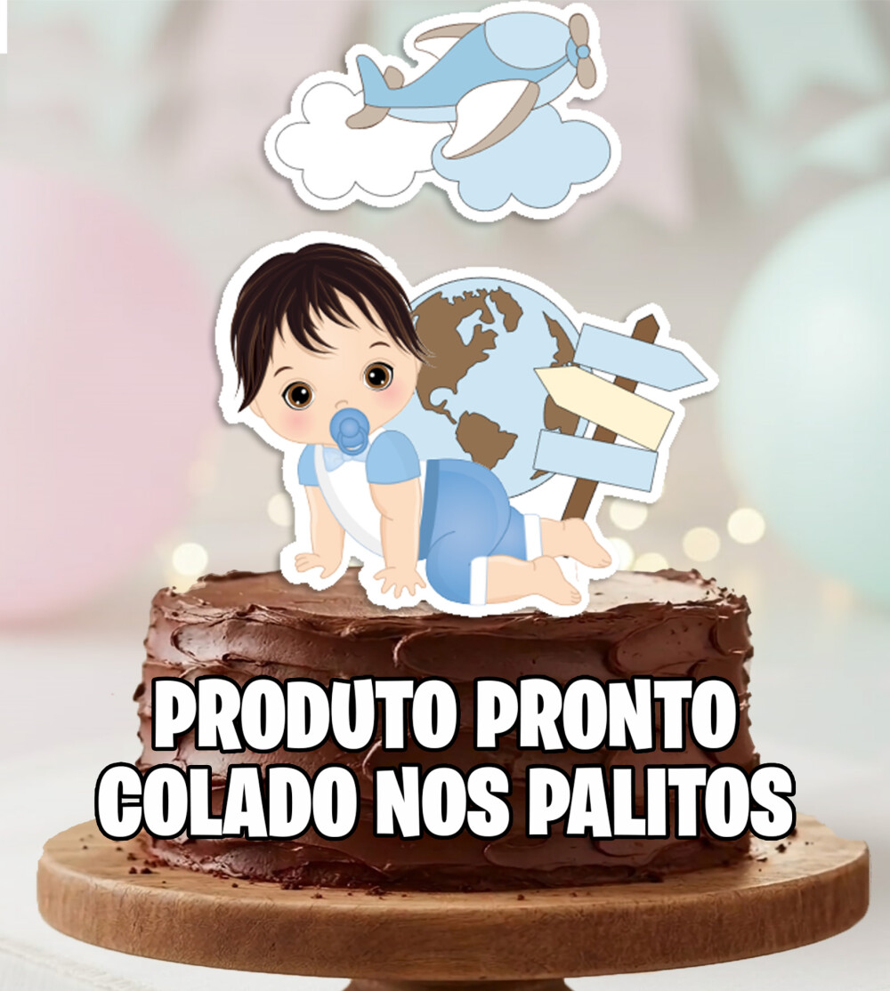 Topo de Bolo Viagem Bebe Menino Cabelo preto Personalizado