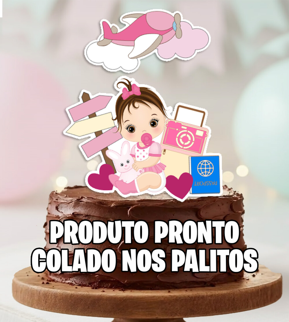 Topo de Bolo Viagem Bebe Menina Cabelo Castanho Personalizado