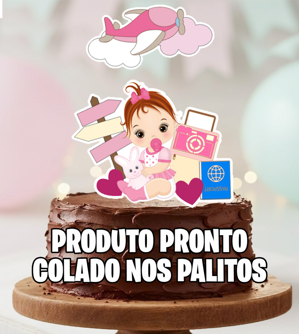 Topo de Bolo Viagem Bebe Menina Cabelo ruivo Personalizado