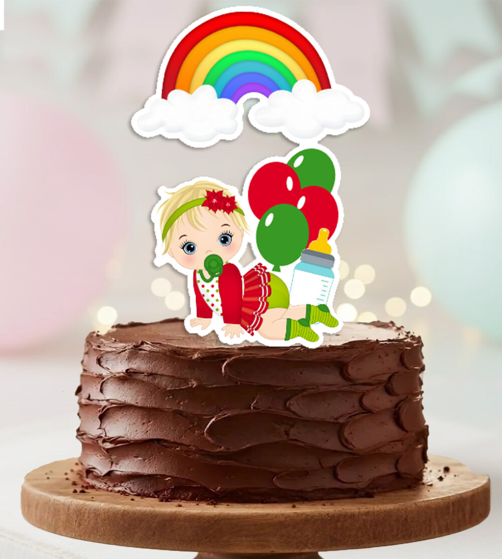 Topo de Bolo Bebe Menina Loira Arco Iris Balao Personalizado