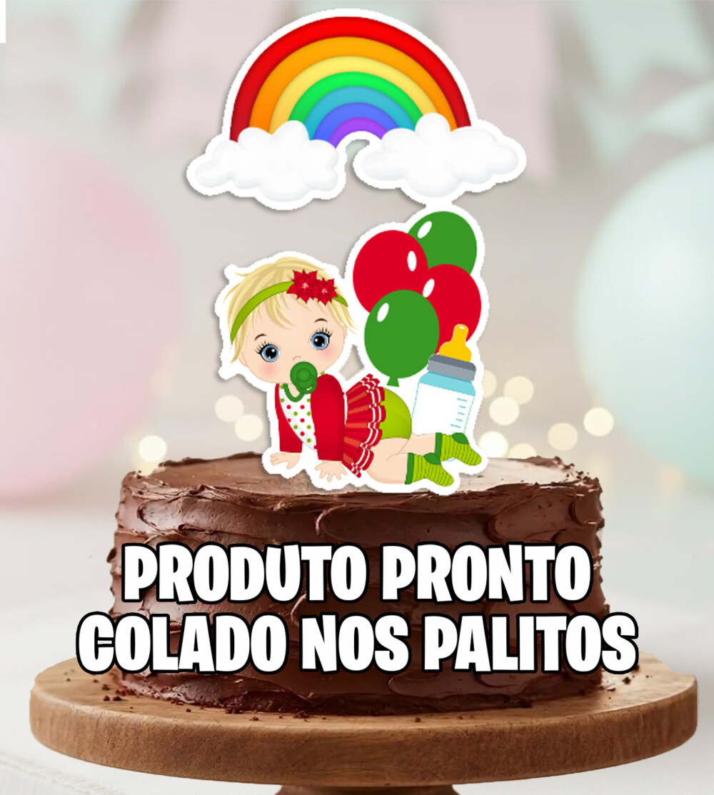 Topo de Bolo Bebe Menina Loira Arco Iris Balao Personalizado