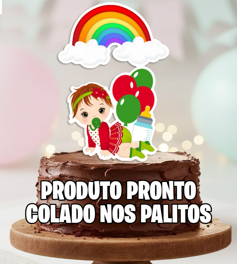 Topo de Bolo Bebe Menina Arco Iris Balao Personalizado