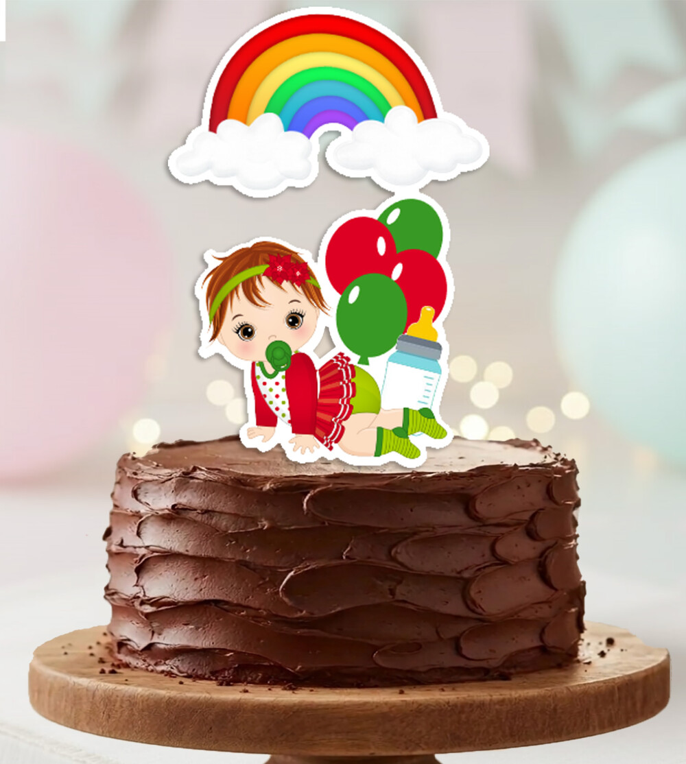 Topo de Bolo Bebe Menina Arco Iris Balao Personalizado