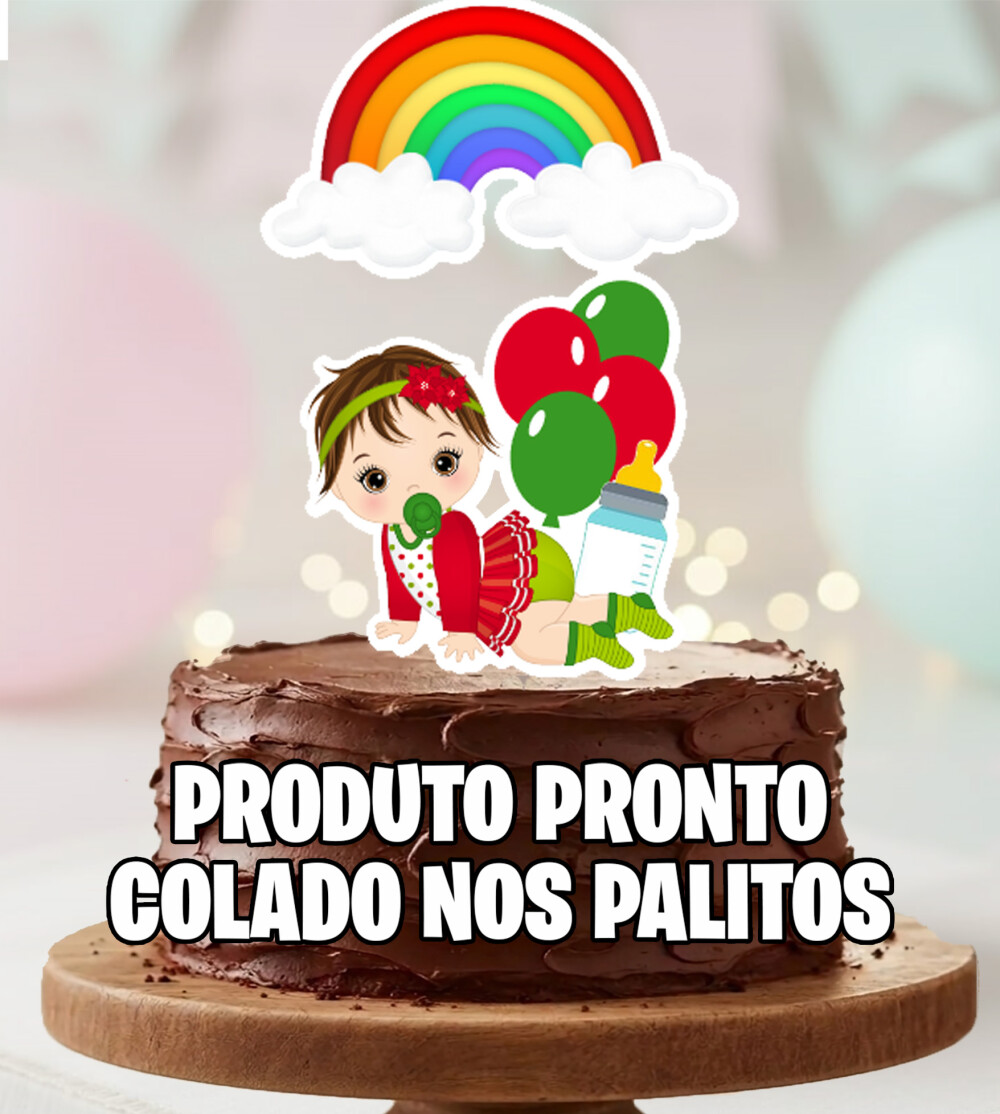 Topo de Bolo Bebe Menina Cabelo Castanho Arco Iris Balao Personal