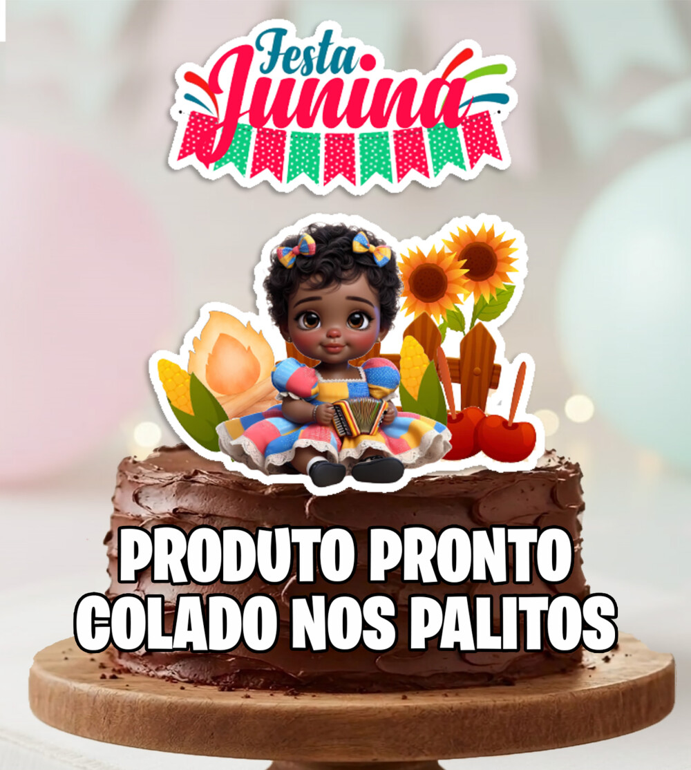 Topo de Bolo Festa Junina Arraia Menina Morena Bebe Personalizado