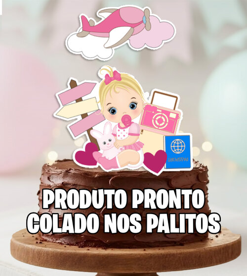 Topo de Bolo Viagem Bebe Menina Cabelo LOIRO Personalizado